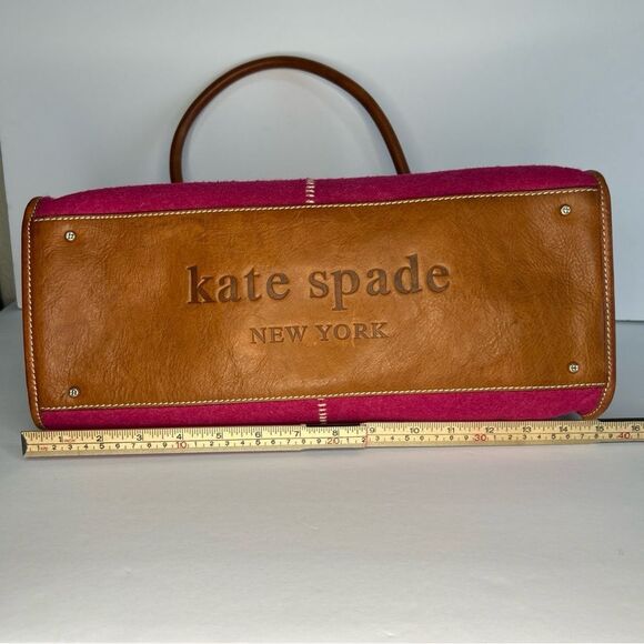 Kate Spade New York Shoulder Bag Pink Wool Brown Leather Trim Zip Top - Picture 9 of 12
